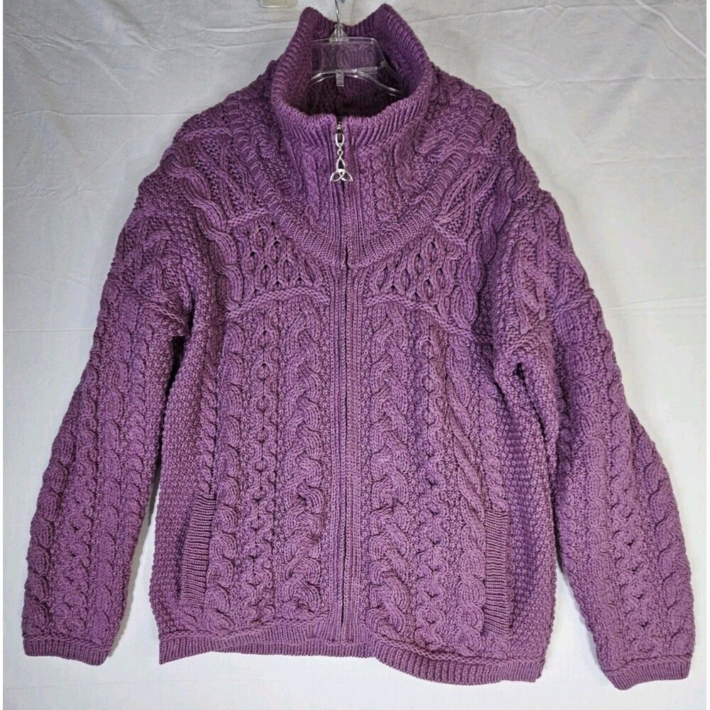 Aran Crafts Cardigan Women's Large Purple Merino Wool Cable Zip Up Jacket NEW